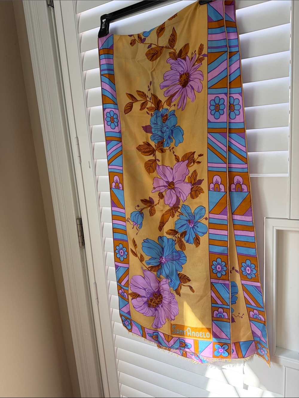 Gold Floral Silk Scarf with Pink & Blue Blooms Vintage
